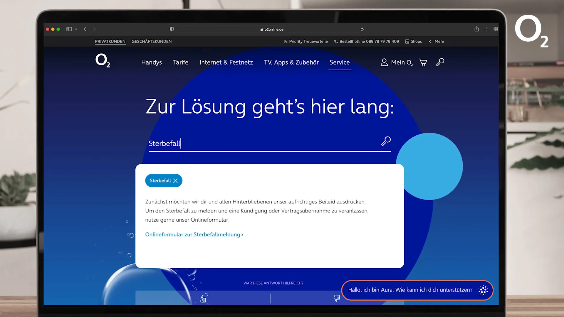 Suchfunktion auf der o2 Webseite nutzen