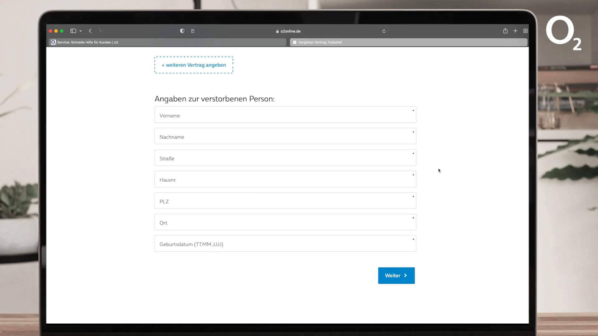 Zusätzliche Verträge im Onlineformular hinzufügen