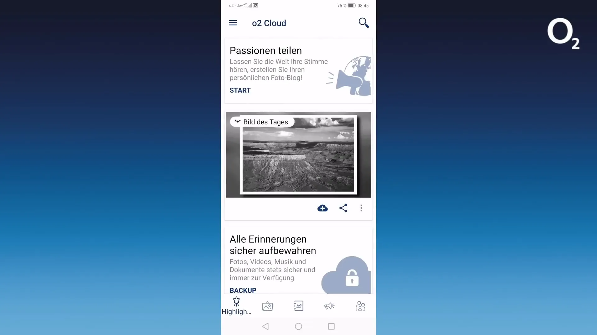 Highlightseite der o2 Cloud