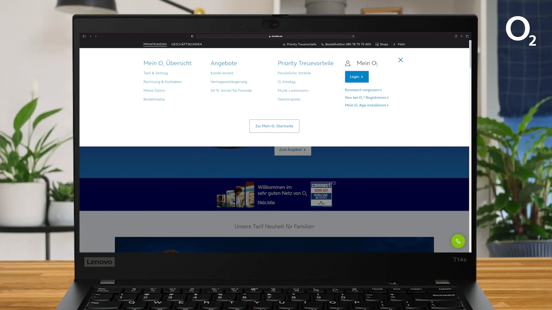 Registrierungsbereich auf der o2 Webseite