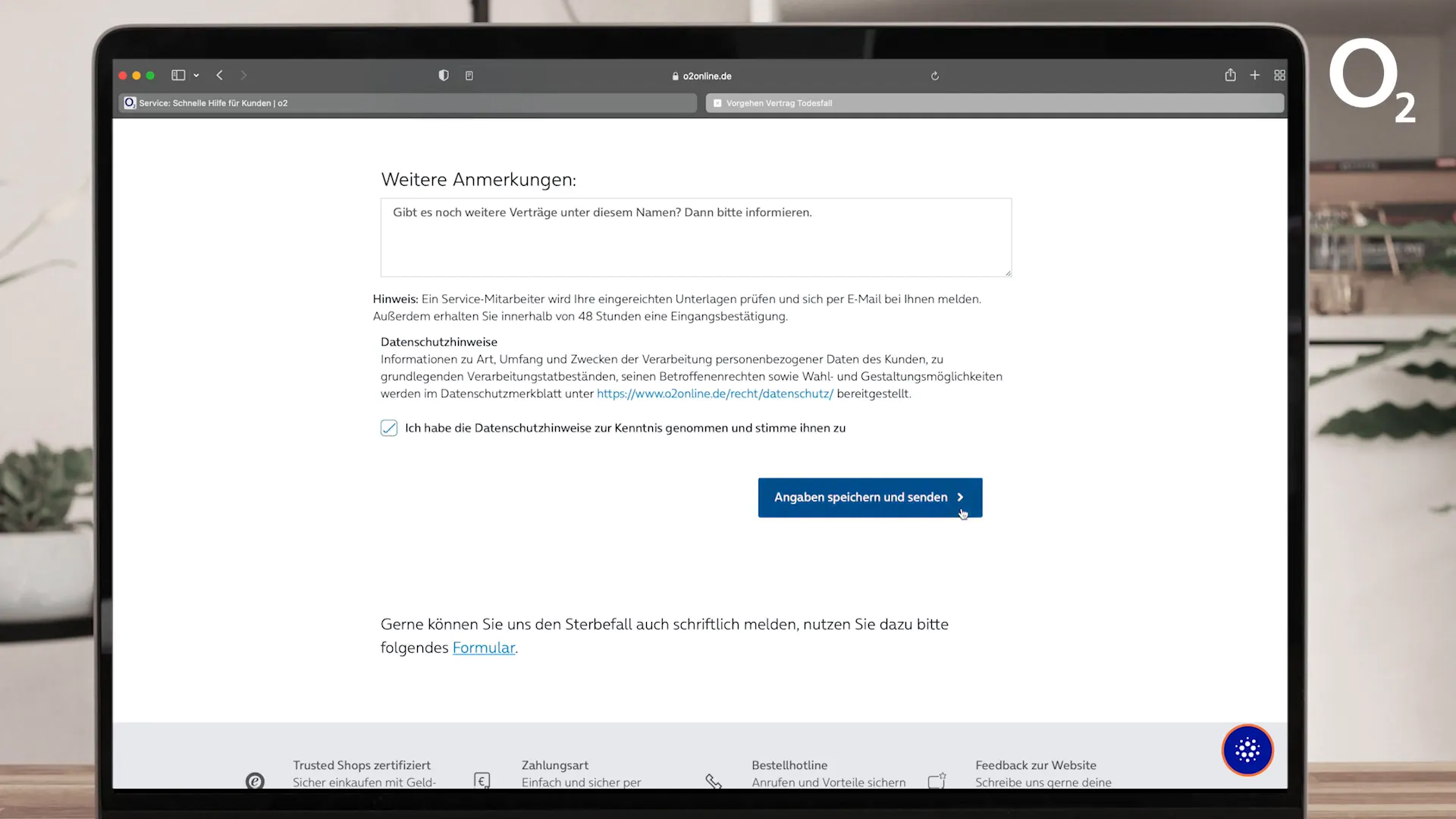 Anmerkungen im Onlineformular eintragen