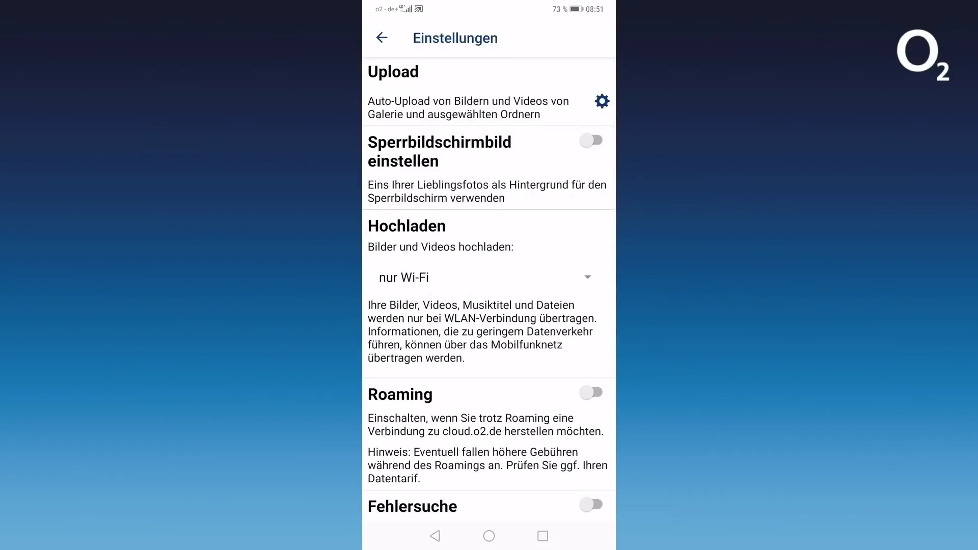 Upload-Einstellungen in der o2 Cloud