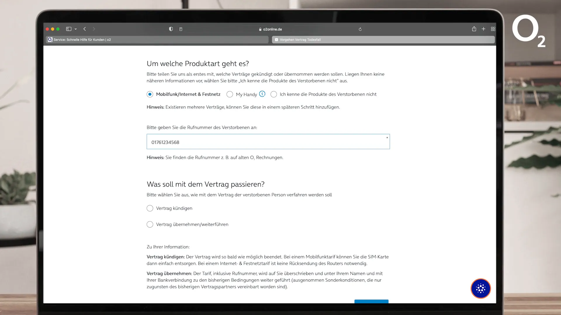 Vertragsart auswählen im Onlineformular
