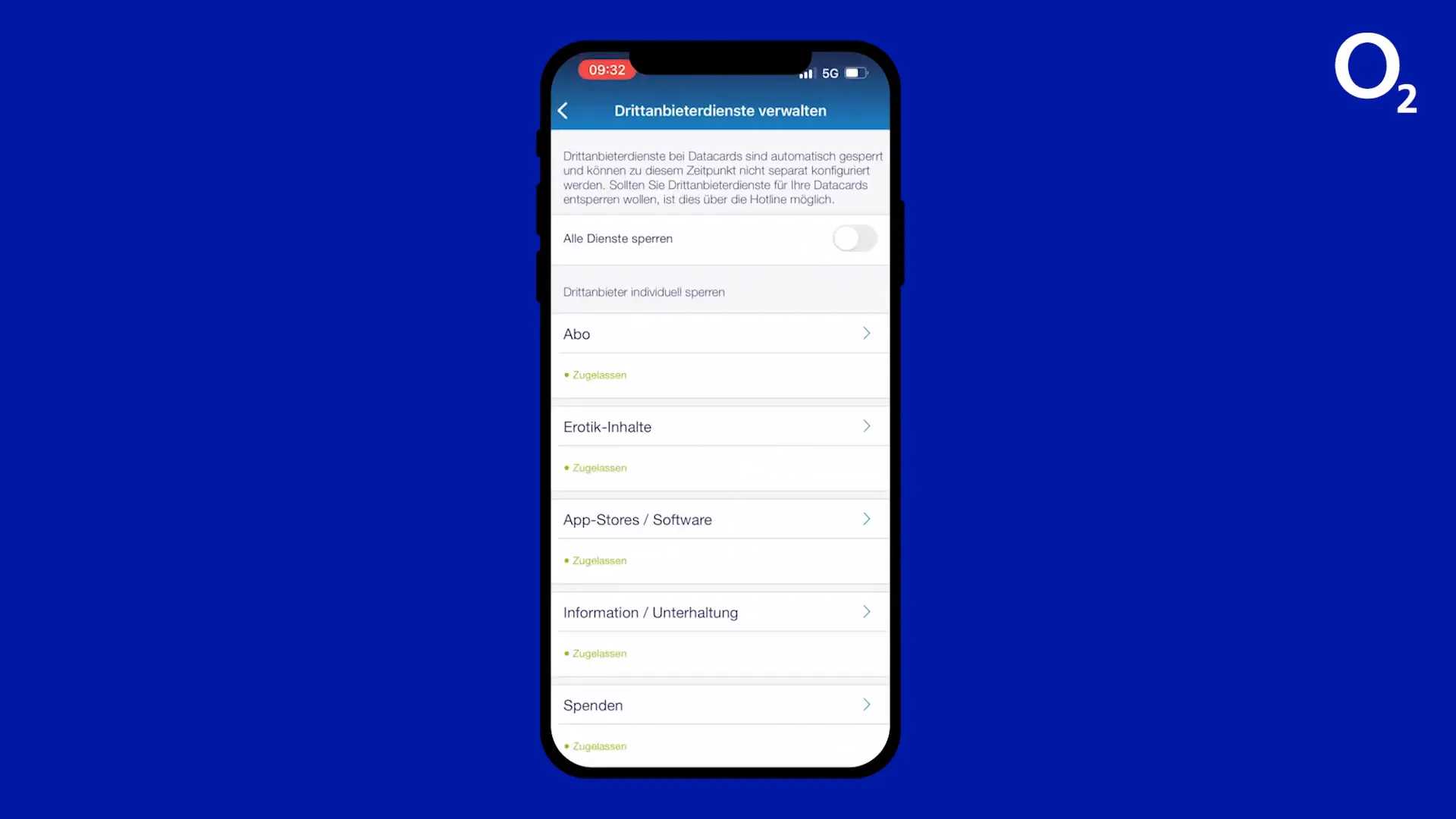 Drittanbieterdienste in der mein o2 App verwalten